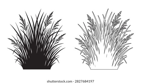 This image depicts tall grass in both a black silhouette and a detailed linear illustration style. The silhouette is a
