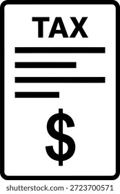 Esta Imagen representa un documento de impuestos con la palabra 'TAX' en la parte superior. Debajo de la palabra 'TAX', hay varias líneas Horizontales, presumiblemente para completar detalles específicos. En la parte inferior del documento, hay un símbolo de signo de dólar, que indica información financiera o monetaria.