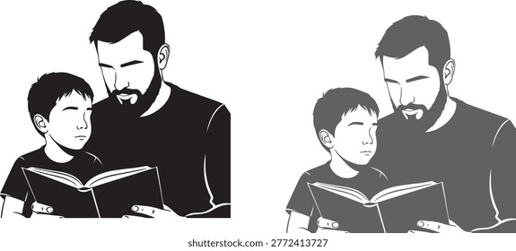 This image depicts a tender moment between a father and son, engrossed in a book together, rendered in a striking black and white style.