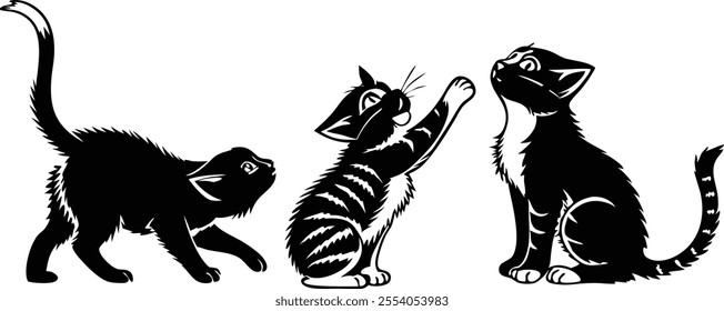 This image depicts three black silhouettes of cats in different poses.captures various typical behaviors and postures of cats,making it suitable for themes related to pets,animals, and feline behavior