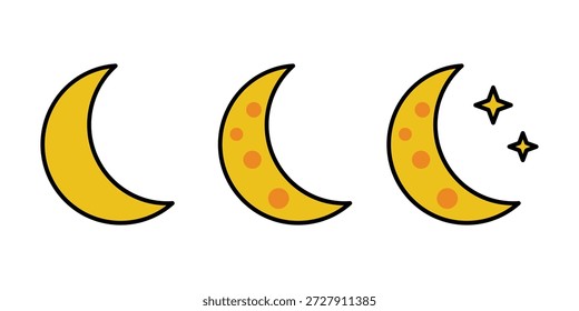 Esta Imagen describe tres fases distintas de la luna. De izquierda a derecha, la primera luna es una media luna creciente, la segunda luna muestra una fase gibosa creciente con manchas visibles, y la tercera luna es una media luna menguante con dos estrellas cercanas.