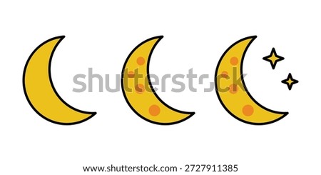 This image depicts three distinct phases of the moon. From left to right, the first moon is a waxing crescent, the second moon shows a waxing gibbous phase with visible spots, and the third moon is a waning crescent with two stars nearby.