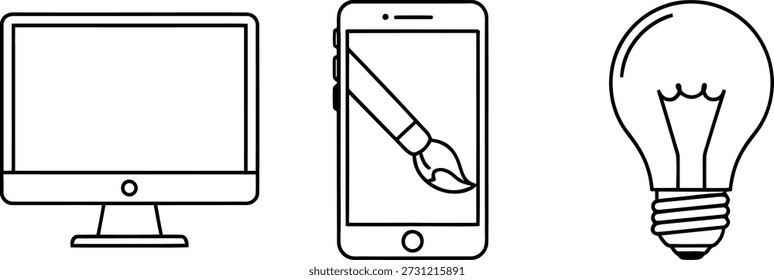 Esta imagem retrata três ferramentas essenciais para a criatividade digital: um monitor de computador, um smartphone com um ícone de pincel e uma lâmpada que representa ideias. O monitor do computador simboliza o dispositivo principal para o trabalho digital, o smartphone com um ícone de pincel significa criatividade móvel e a lâmpada representa o pensamento inovador.