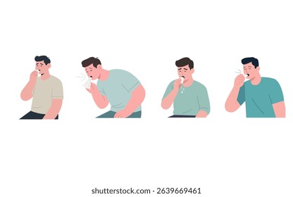 This image depicts three men exhibiting symptoms of illness, including coughing and sneezing.
