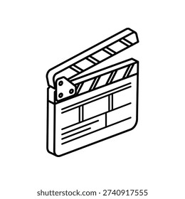 This image depicts a three-dimensional clapperboard, also known as a slate, commonly used in the film and video production industry. The clapperboard is shown in an isometric perspective, highlighting its rectangular shape, horizontal slots, and angled top piece. It is a tool used by filmmakers to synchronize sound with picture, mark scene changes, and provide essential production information such as the scene number, take number, and date.