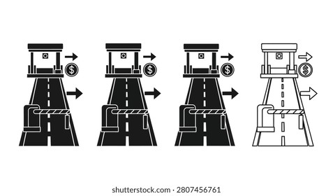 This image depicts a tollbooth with a road and currency, rendered as a black and white silhouette. The design features