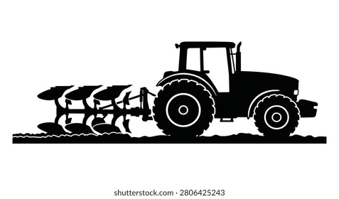 This image depicts a tractor pulling a plow across land presented as a stark black and white silhouette. The silhouette