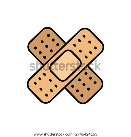 This image depicts a traditional adhesive bandage, often used for minor cuts and scrapes. The bandage features a cross shape with perforations along the edges, allowing it to be easily torn into smaller pieces. The central tab is square and designed for easy gripping and removal. The color is a typical brown, which is commonly associated with medical bandages.