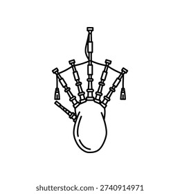 This image depicts a traditional bagpipe, a musical instrument commonly associated with Scottish and Irish cultures. The bagpipe features a bag, drone pipes, and finger holes for melody production. The drones provide a continuous harmonic background, while the finger holes allow the player to create melodies. The image is a stylized, black-and-white line drawing.