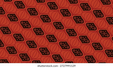 Esta imagem representa um padrão geométrico tradicional estilo batik de formas de losango entrelaçadas com pontos centrais, renderizados em rico terracota laranja e preto sobre um fundo laranja, evocando a herança têxtil indonésia.