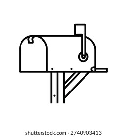 This image depicts a traditional mailbox design mounted on a metal post. The mailbox features a slanted roof with a curved top and a small flag that can be raised to signal the presence of mail. The structure is supported by a diagonal metal brace for stability. This type of mailbox is commonly found in residential areas for mail collection purposes.