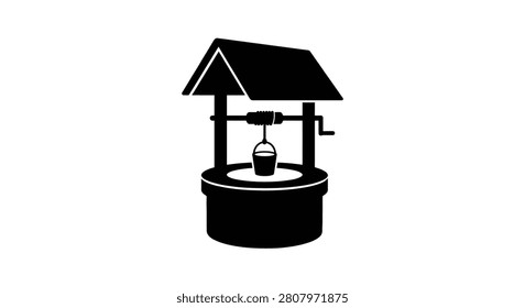 This image depicts a traditional wishing well rendered as a black silhouette against a white background. The well features a bucket winding mechanism and a roofed structure notable for its silhouette style.