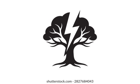 This image depicts a tree with a split trunk, presented as a black silhouette against a white background. The distinctive