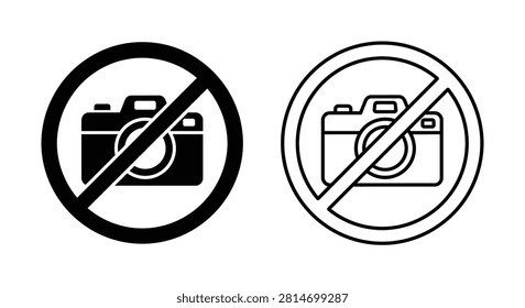 This image depicts two camera prohibition signs each featuring a camera with a diagonal line through it presented as a black silhouette against a white