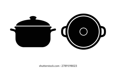 This image depicts two cookware items – a covered pot and a frying pan – rendered as black silhouettes against a white background. The distinctive