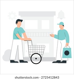 Esta Imagen muestra a dos repartidores conversando fuera de un edificio, uno empujando un Carrito de compras y el otro sosteniendo un bolso, transmitiendo un sentido de trabajo en equipo y colaboración en un entorno comercial.