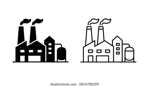 This image depicts two factory buildings with smokestacks rendered as a black and white silhouette. The buildings are shown in a flat graphic style with