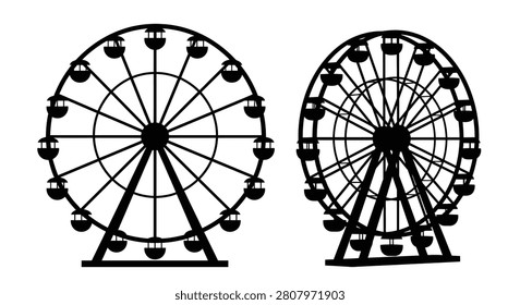 This image depicts two ferris wheel silhouettes set against a white background. The wheels feature detailed spokes and passenger cars rendered as a stark black silhouette. The style is graphic and flat.