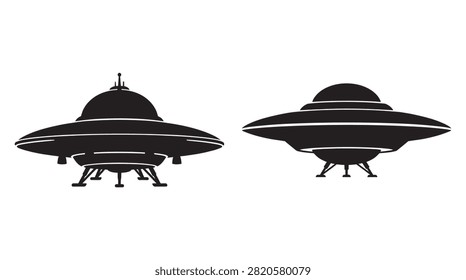 This image depicts two flying saucer silhouettes, rendered in a flat, black style against a white background. The distinctive silhouette