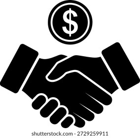 Esta imagem mostra duas mãos tremendo, simbolizando um acordo de negócios ou parceria. Acima das mãos, há um sinal de dólar fechado em um círculo, indicando uma transação ou negócio financeiro. A imagem é em preto e branco, enfatizando o caráter formal e profissional do acordo.