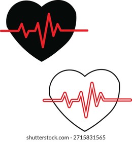 Esta imagem representa dois símbolos cardíacos, um preto sólido com uma linha de batimento cardíaco vermelho e outro contornado em preto com um batimento cardíaco vermelho. Representa visualmente a vida, a saúde e a cardiologia.