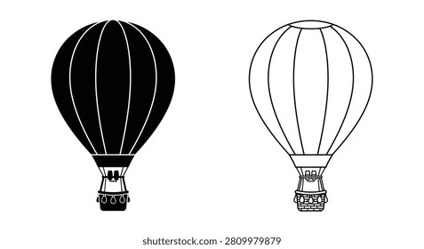 This image depicts two hot air balloons as black and white silhouettes against a white background. The detailed graphic style emphasizes the balloon's shape and