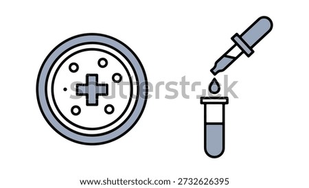 This image depicts two icons related to medical science. On the left, there is a circular icon with a plus sign in the center, surrounded by smaller circles. This could represent a medical symbol or a petri dish. On the right, a dropper is shown dispensing a drop of liquid into a test tube, symbolizing a laboratory experiment or medical procedure.