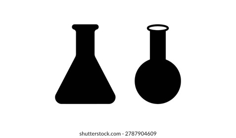 This image depicts two laboratory flasks, an erlenmeyer flask and a round bottom flask, rendered as a black silhouette against a white background. The style is a flat, minimalist graphic.
