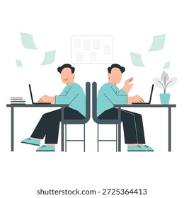 Esta imagem mostra dois homens trabalhando em laptops em uma mesa em um ambiente de escritório moderno. Ambos estão vestindo trajes casuais de negócios e parecem estar focados em seu trabalho. A mesa é organizada e organizada, com uma fábrica e papéis espalhados, dando uma sensação de um ambiente de trabalho produtivo e eficiente.