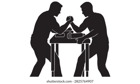 This image depicts two men engaged in an arm wrestling match at a table, presented as a stark black silhouette