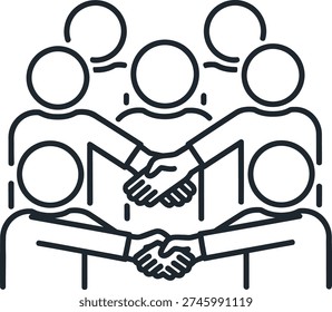 This image depicts two people shaking hands while seated at a table with four other individuals. The scene suggests a formal meeting or agreement.