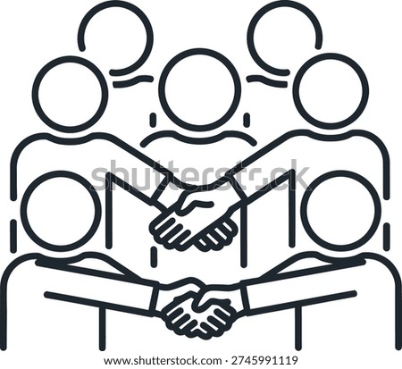 This image depicts two people shaking hands while seated at a table with four other individuals. The scene suggests a formal meeting or agreement.