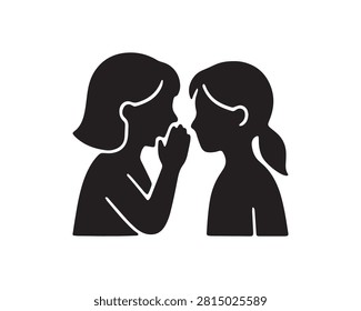 This image depicts two sisters in profile, one whispering to the other, presented as a striking black silhouette against a white background. The distinctive silhouette style emphasizes their connection.