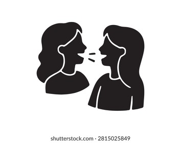 This image depicts two sisters in conversation, rendered as a striking black silhouette against a white background. The distinctive silhouette style emphasizes the bond and connection between the two figures.