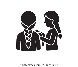 This image depicts two sisters with one braiding the other's hair, presented as a striking black silhouette against a white background. The distinctive silhouette style emphasizes the familial connection.