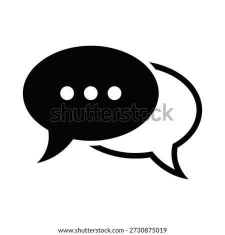 This image depicts two stylized speech bubbles, rendered as a clean, minimalist icon. The primary speech bubble, positioned in front, is solid black with three prominent white dots horizontally aligned inside, commonly signifying ongoing typing or a message in progress. Overlapping slightly behind it is a second speech bubble, presented as a clear white outline, suggesting a response or a preceding message. The contrasting black and white elements create a strong visual impact, making it suitable for representing various forms of digital interaction, chat applications, social media dialogue, or general communication concepts. The simple design ensures versatility and readability across different platforms and sizes.