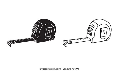 This image depicts two tape measures in a black and white silhouette style. The tools feature a measuring tape extending