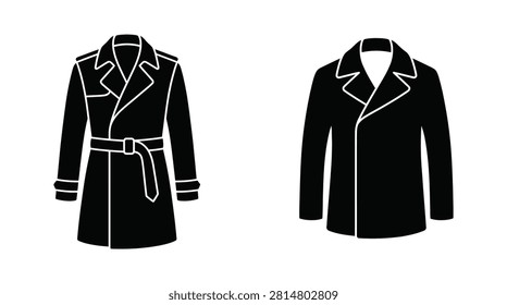 This image depicts two trench coats in a black silhouette style against a white background. The coats feature lapels and
