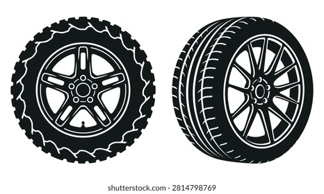 This image depicts two vehicle tires with rims presented as a black and white silhouette. The tires exhibit distinct tread