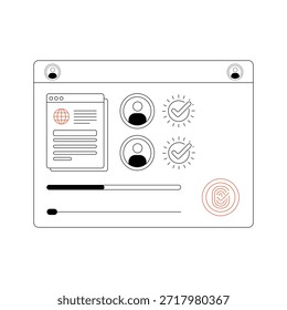 Esta imagem representa uma variedade de elementos da interface do usuário comumente usados no design da Web. Ele inclui uma janela de navegador da Web, vários ícones circulares com diferentes estados, uma barra de progresso e um controle giratório de carregamento. A janela do navegador da Web mostra um documento com um ícone de globo, sugerindo um contexto relacionado à Internet. Os ícones circulares representam estados diferentes, como ativo e inativo, e incluem marcas de seleção que indicam conclusão ou sucesso. A barra de progresso indica o progresso de uma tarefa, enquanto o controle giratório de carregamento sugere um processo em andamento.