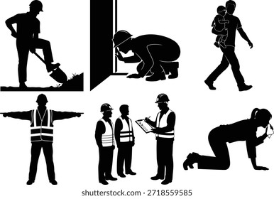 Esta imagem representa vários trabalhadores da construção envolvidos em diferentes tarefas. As silhuetas mostram os trabalhadores usando ferramentas, inspecionando plantas e realizando várias tarefas em um canteiro de obras. A imagem destaca os diversos papéis e atividades dos trabalhadores da construção civil.
