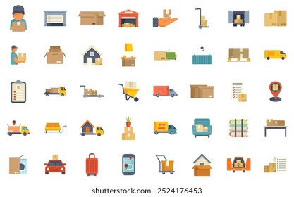 This image depicts various icons related to delivery services, logistics, and the transportation of goods