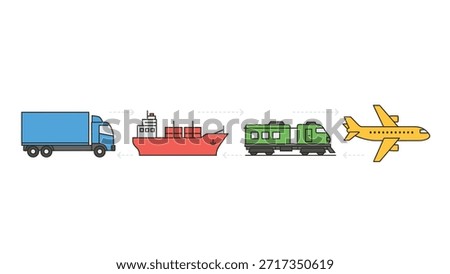This image depicts various transportation modes including a truck, cargo ship, train, and airplane, illustrating the diverse ways goods and people move across different environments in a simplified