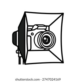 This image depicts a vintage-style camera mounted on a sturdy tripod with a large light reflector or softbox attached. The reflector appears to be a four-sided design, often used to diffuse and redirect light towards the subject for better exposure and softer shadows. This setup is commonly used in both studio and outdoor photography to enhance lighting conditions and improve image quality.