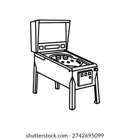 This image depicts a vintage-style pinball machine featuring a rectangular playfield, a backglass, and control buttons. The machine has a sturdy metal frame with four legs for support. It includes a flipper mechanism, bumpers, and a ball launch area, typical of traditional pinball games.