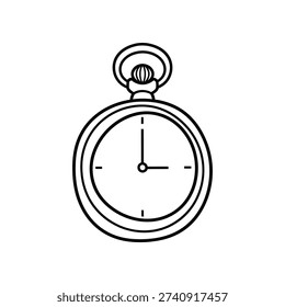 This image depicts a vintage-style pocket watch featuring a round analog face with hour markers and hands. The watch has a metal clasp at the top, allowing it to be attached to a pocket or chain, and is designed in a minimalist, line-art style.