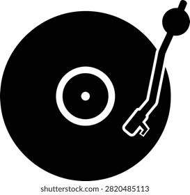 This image depicts a vinyl record player with a tonearm presented as a stark black silhouette against a white background. The silhouette style emphasizes the shape