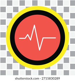 Esta Imagen representa una señal de advertencia con un círculo rojo con un gráfico de latidos del corazón blanco, encerrado dentro de un anillo amarillo y un contorno negro. El fondo es un patrón a cuadros. de alta calidad