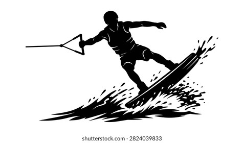 This image depicts a waterskier in motion rendered as a black silhouette against a white background. The silhouette style emphasizes