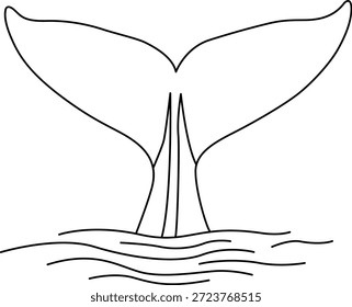 Esta Imagen representa una cola de ballena que emerge del agua. La cola se muestra en un dibujo de línea simple y elegante con las ondas de agua debajo de ella. La ilustración captura la esencia de la cola de una ballena mientras se sumerge bajo la superficie del océano.